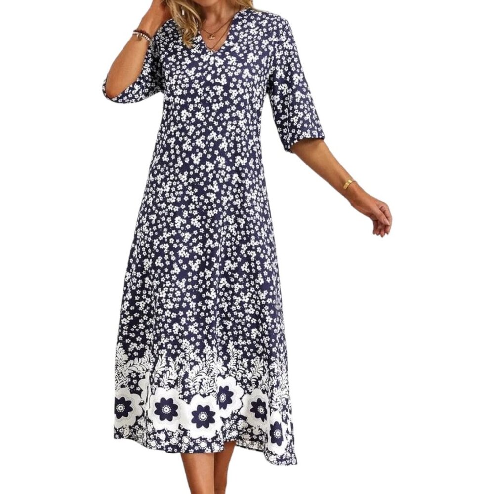 New Women's Floral Print Midi Maxi Dress Navy Small Noracora Short Sleeve V-neck